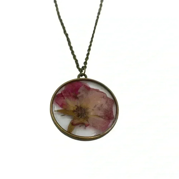 Floral Preservation Art-to-Wear Statement Necklace Pink Peony Resin Pendant 24" - Picture 1 of 6